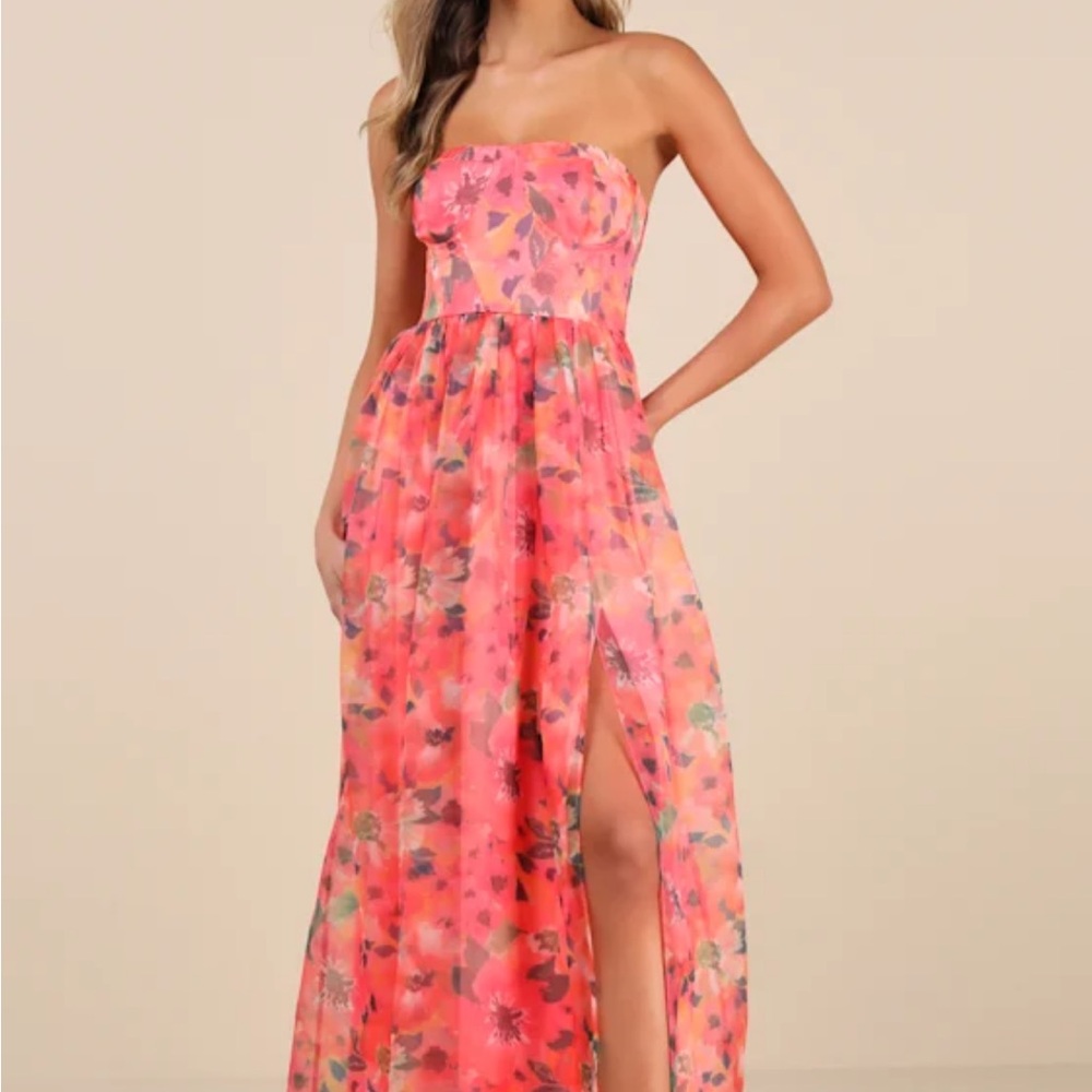 Lulu's Strapless Floral Dress in Pink and Orange